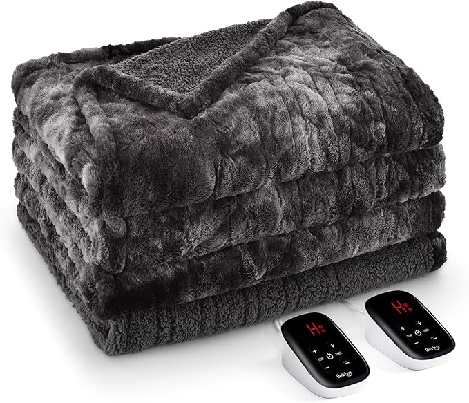 Bearhug Electric Blanket King Size 100"x 90", Dual Controllers Heated Blanket, Reversible Faux Fur & Sherpa, Over-Heat Protect, 10 Heating Levels, ETL, Machine Washable