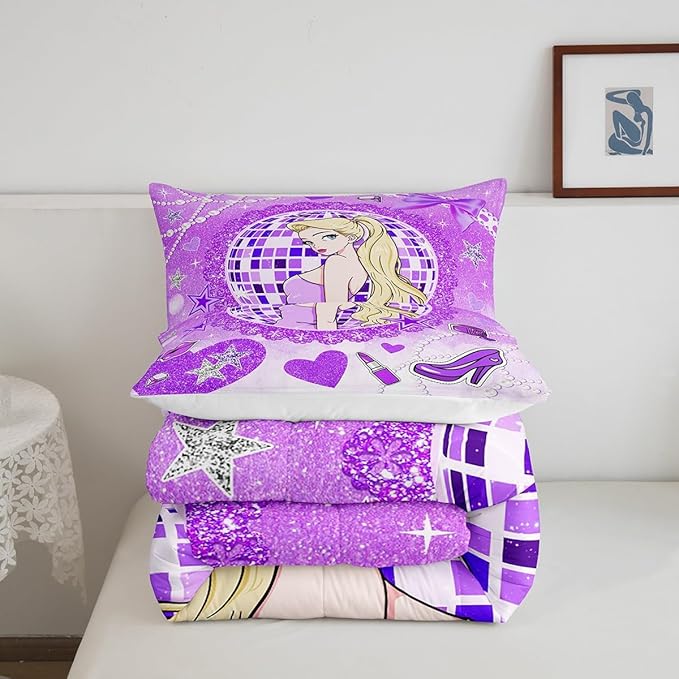 Girly Princess Kids Comforter Set Full Size,High-heeled Shoes Lip Bowknot Romantic Bedding Set,Girls Women Room Decor,Glitter Sequin Diamond Down Comforter,Purple Dreamy Duvet Insert,2 Pillowcases