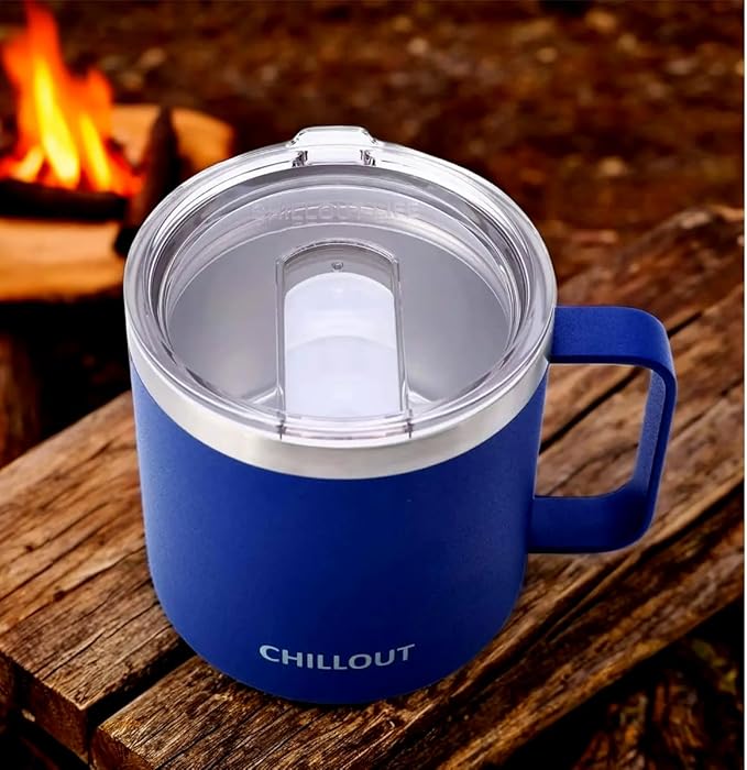 CHILLOUT LIFE Stainless Steel 16 oz Vacuum Insulated Coffee Mug with Handle and Lid, Large Thermal Camping Coffee Mug Cup with Durable Sliding Top for Men & Women - Keeps Beverages Hot/Cold