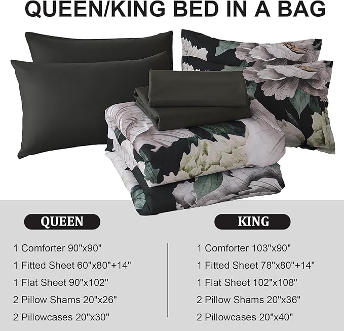 Dobuyly Black Comforter Set King Size 7 Piece Bed in a Bag, Floral Comforter Set with Sheets, Soft Microfiber Botanical Flower Bedding Set for All Season
