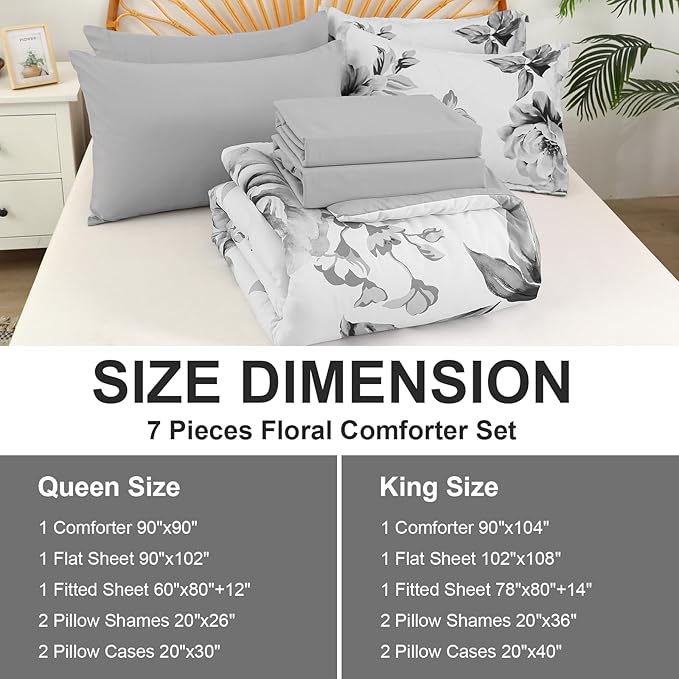 Drucon Grey Floral Comforter Set King 7 Pieces Bed in a Bag Botanical Floral Comforter Soft Microfiber Grey Bedding Set King Size Bed with Sheet and Pillowcase