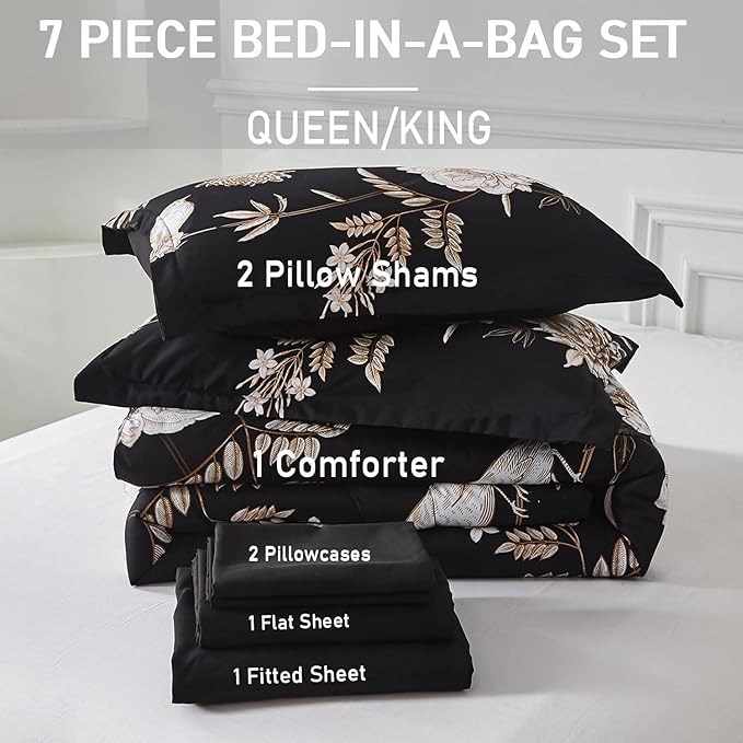 Yogeneg 7 Piece Bed in a Bag Queen Comforter Set Botanical Floral Bedding Set,Flower Leaves Brids Printed on Black Reversible Design,Soft Microfiber Comforter with Sheet Set,All Season(Black B,Queen)
