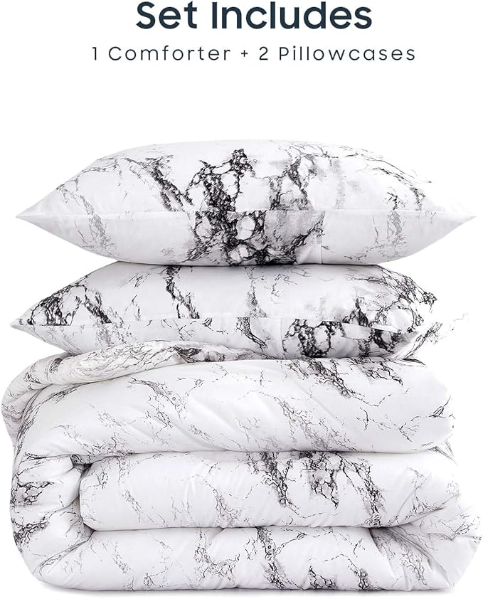 Wake In Cloud - Marble Comforter Set, Neutral Modern Aesthetic for Men Women, Soft Lightweight Bedding, 3 Pieces, Black White, Twin/Twin XL Size