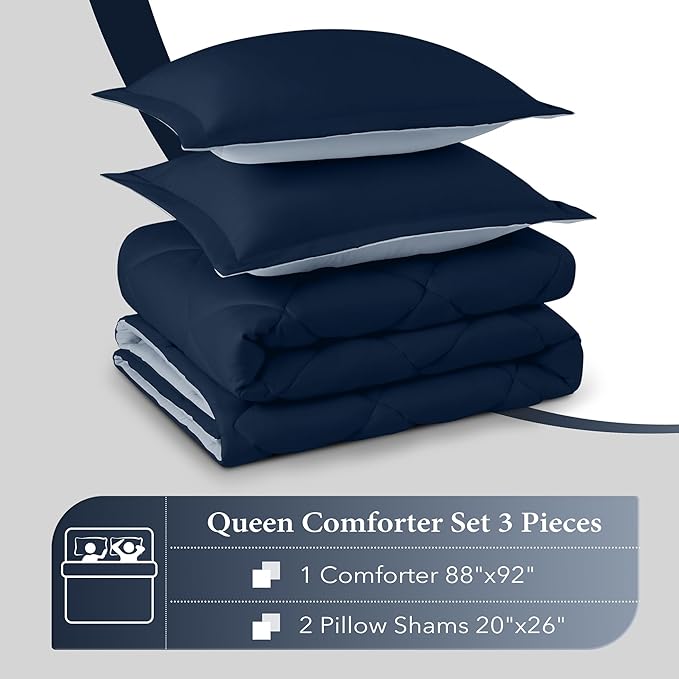 downluxe Queen Comforter Set - Blue and Sapphire Queen Comforter, Soft Bedding Sets for All Seasons -3 Pieces - 1 Comforter (88"x92") and 2 Pillow Shams(20"x26")