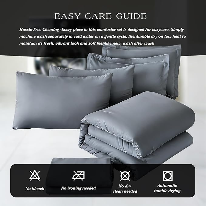 Cal King Comforter Set Double Brushed Microfier Silver Gray - 7-Piece Bed in a Bag, All-Season Soft Bedding with Sheets & Envelope Pillowcases ((104"x90",Cal King)