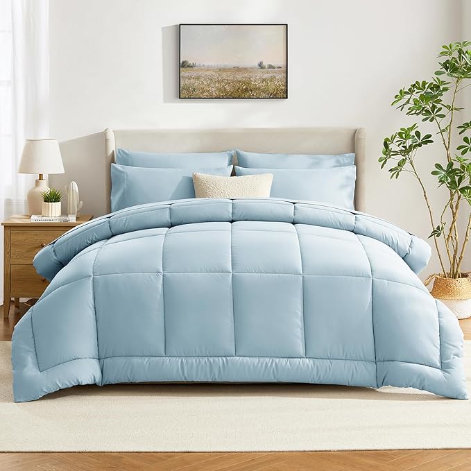 CozyLux Full Size Comforter Sets Light Blue, 7 Pieces Bed in a Bag, Blue Comforter Full Size, All Season Bedding Sets with Stitch Quilted Comforter, Flat Sheet, Fitted Sheet, Pillowcases