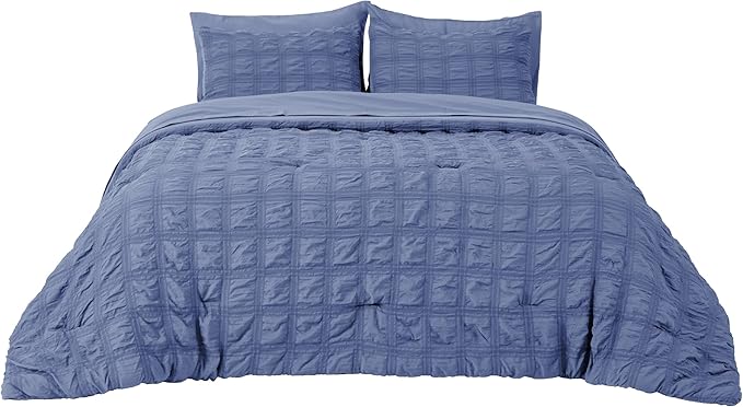 Bedsure Bed in a Bag Queen - 7 Pieces Plaid Seersucker Bedding Comforter Sets, Soft Lightweight Mineral Blue Boho Bed Set with Comforters Queen Size, Sheets, Pillowcases & Shams