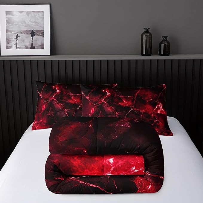 Red Comforter Set Twin Size,Red Marble Bedding Set 3 Pcs Bedding for Adults, Marble Room Decor with Comforter and 2 Pillowcases Soft and Lightweight B-Side Black