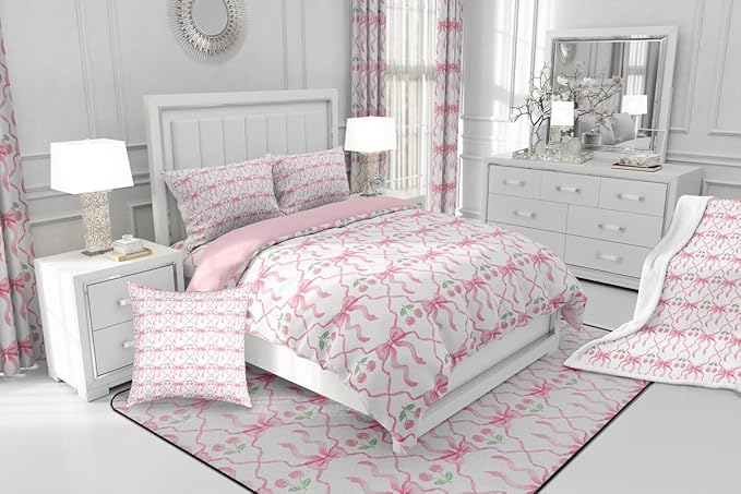 Erosebridal Cute Bow Bedding Set for Girls Kids Teen,Pink Cherry Bowknot King Comforter Set Kawaii Girly Ribbon Bow Down Comforter Pink White Geometric Plaid Bow Bed Set