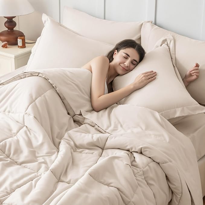 JOLLYVOGUE California King Comforter Set, Ultra-Soft Bed in a Bag Cal King Size 7 Pieces, Oeko-TEX Certified Bedding Set with Down Alternative Comforter, Sheets, Pillowcases & Shams, Beige