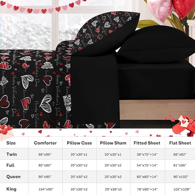 Nesker 7 Pcs Valentine's Day Comforter Set Queen Size, Romantic Heart Love Bedding Set for Kids and Adults, Sweet Kawaii Cartoon Sheets Bed Sheet Sets with Fitted Sheet 2 Pillowcases & 2 Shams