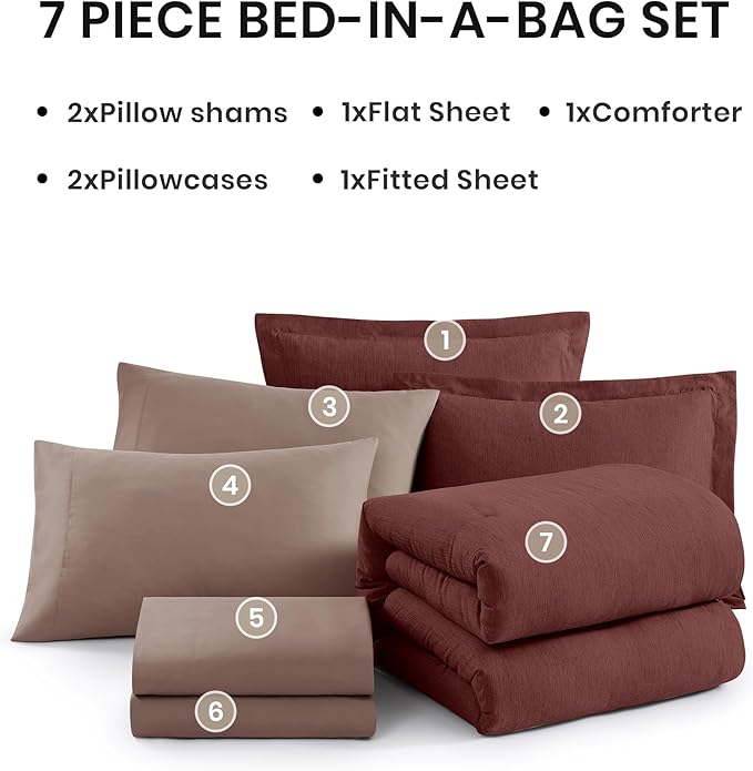 Monbix Full Size Comforter Set, Dark Red Bedding Comforter for Full Size Bed Set Reversible, Bedding Sets Full 7 Pieces, Cationic Dyeing Bed in a Bag with Comforter, Sheets, Pillowcases & Shams