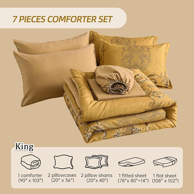 Mybedsoul 7 Pieces Gold Comforter Set King Size, Damask Bed in a Bag for King Bed, Lightweight Microfiber Boho Bedding Sets with Comforter, Sheet, Pillowcases & Shams for All Season(90"x104")
