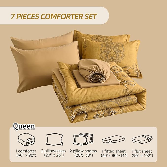 Mybedsoul Gold Queen Comforter Set, 7 Pieces Boho Bed in a Bag for Queen Bed, Damask Comforter with Sheets Pillowcases, Soft Microfiber Lightweight Bedding Sets for All Season(90"x90")
