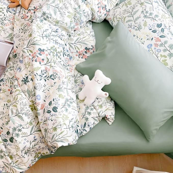 mixinni Fresh Soft Aesthetic Green Floral Comforter Set Full Size, Boho Cottagecore Wildflowers Leaves Bedding Set, 1 Shabby Chic Comforter and 2 Pillowcases for All Seasons-Full Size