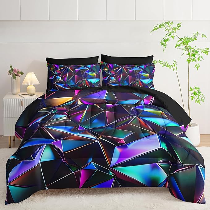 7 Piece Purple Geometric Abstract Pattern Comforter Set King Size,Abstract Diamond Print Bedding King,(1 Comforter, 1 Flat Sheet, 1 Fitted Sheet, 2 Pillowcase and 2 Pillow Sham)