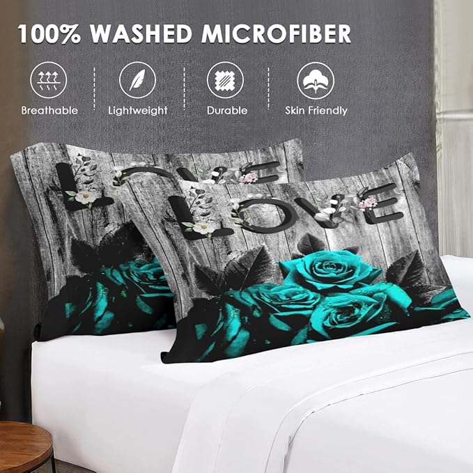 Full Size Comforter Set with 2 Pillowcases, Cyan Rose Flower Love 3 Pcs Bedding for Kids and Adults, Summer Vintage Woodboard Soft Comforter Set for Bedroom Bed Decor