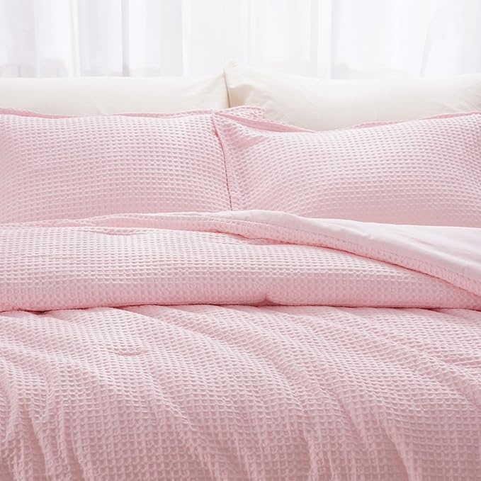 David's Home Waffle Weave Comforter Set 3PCS King Size, Soft Breathable Lightweight Cozy Skin-Friendly Warm for All Season, Elegant Aesthetic Home Decor Bedding Set with Pillow Shams, Pink