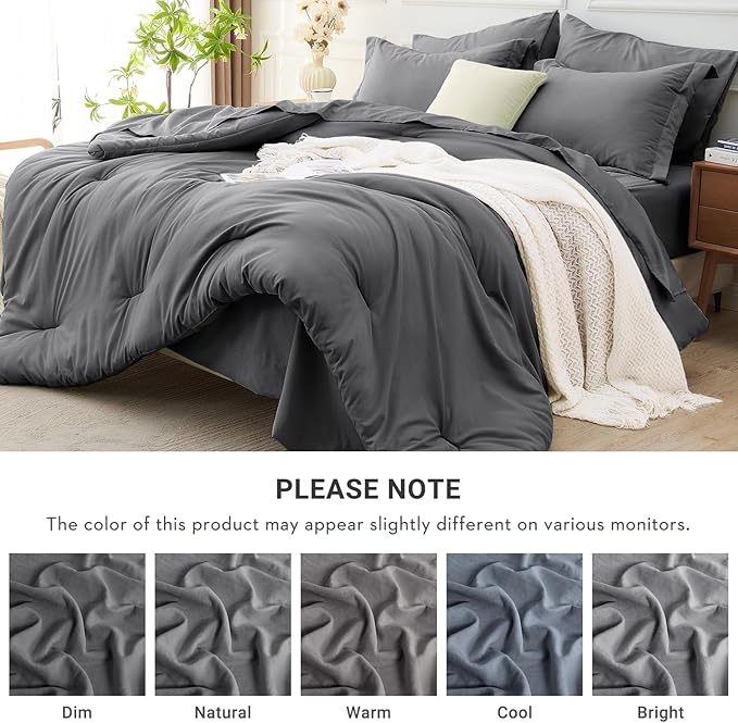 MUXHOMO 7 Pieces King Comforter Set, Soft Bed in a Bag King Size, All Season Bedding Set with Comforter, Flat Sheet, Fitted Sheet, Pillowcases & Shams, Dark Grey