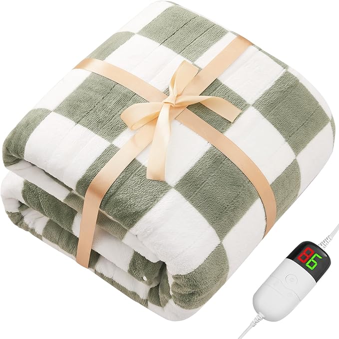 Sage Green Heated Throw Blanket Electric, 50X60 Heating Blanket with 10 Heat Levels & 8 Hours Auto Off for Lap, Checkered Plaid Soft Sherpa Blankets Warmer Gifts for Couch Grandma Women Adults