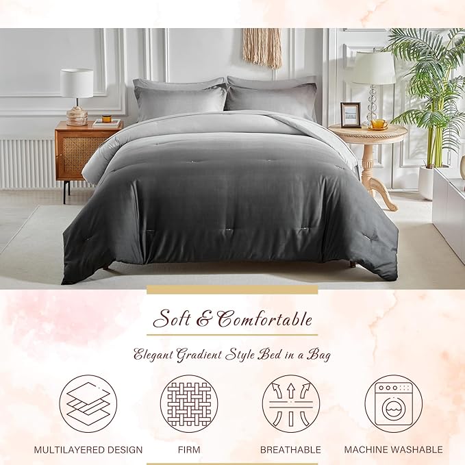 Black and Grey Gradient Comforter Set Queen Size 7 Pieces Elegant Ombre Bed in a Bag - Reversible All Season Bedding Set with Comforter, Flat Sheet, Fitted Sheet, 2 Pillowcases & 2 Pillow Shams