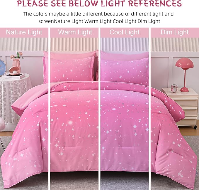 Drucon Pink Glitter Comforter Set Queen Size for Teen Girls, Ombre Galaxy Bedding Set 7 Pieces Bed in A Bag (1 Comforter, 1 Flat Sheet, 1 Fitted Sheet, 2 Pillow Shams, 2 Pillowcases)