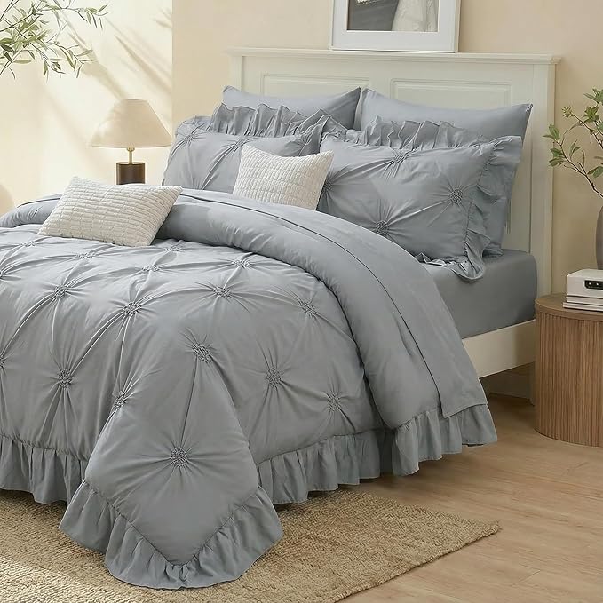Bedbay Grey Ruffle Comforter Set Queen Size 9 Pcs,Boho Queen Comforter Set with Sheets,Pinch Pleat Bedding Set,Farmhouse Comforter Bed Set,Microfiber Exquisite Ruffle Duvet Set