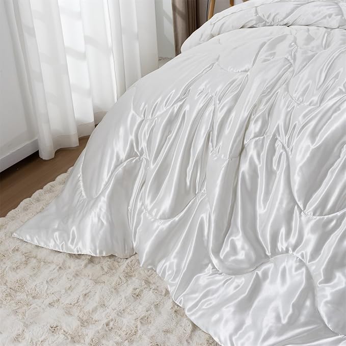 A Nice Night Satin Silky Soft Quilt Luxury Super Soft Microfiber Bedding Comforter Set Full/Queen, Light Weighted (White, Queen)