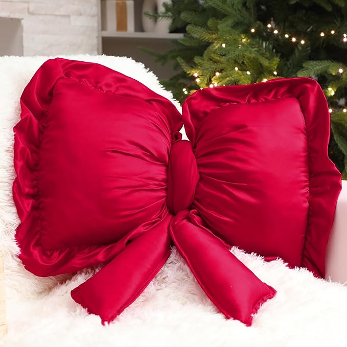 Red Bow Throw Pillow Large Decorative Soft Pillow 18 Inch x 16 Inch Coquette Room Decor Soft Bowknot Decorations for Galentine's Day Valentines Cushion Bed Sofa Couch Home Decorations