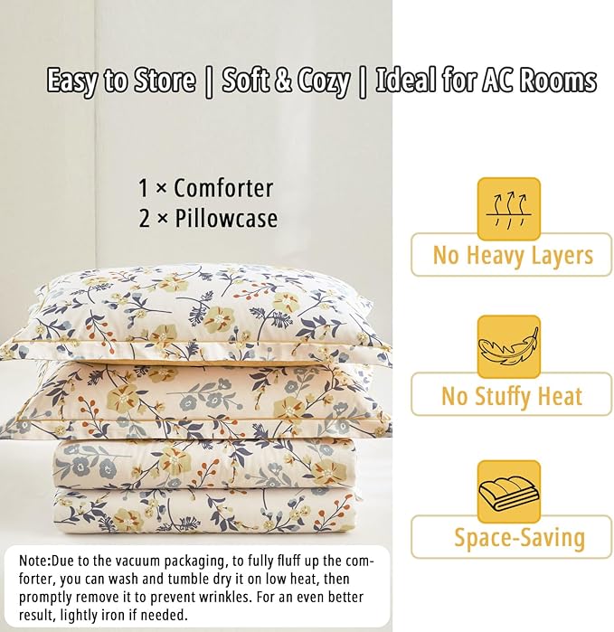 Yellow Floral Cotton Comforter King Size - Orange, Blue & Slate Gray Botanical Pattern on Off White, Reversible Design, 3PC Lightweight Bedding Set with Soft Alternative Fill (King)