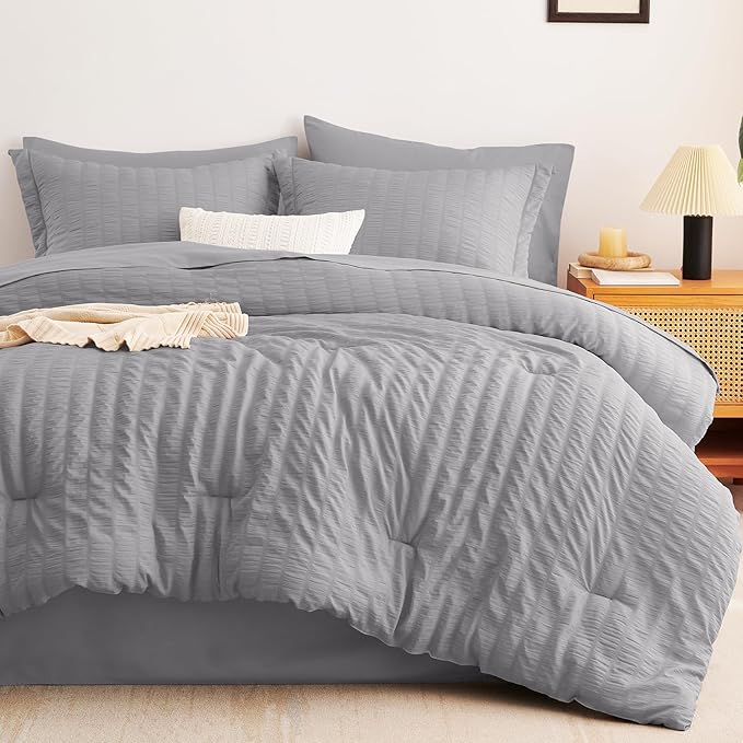 CozyLux King Size Comforter Set Grey Seersucker 7 Pieces Bed in a Bag King Comforter Set with Sheets, Gray Luxury Bedding Set with Down Alternative Comforter, Sheets, Pillowcases & Shams All Seasons