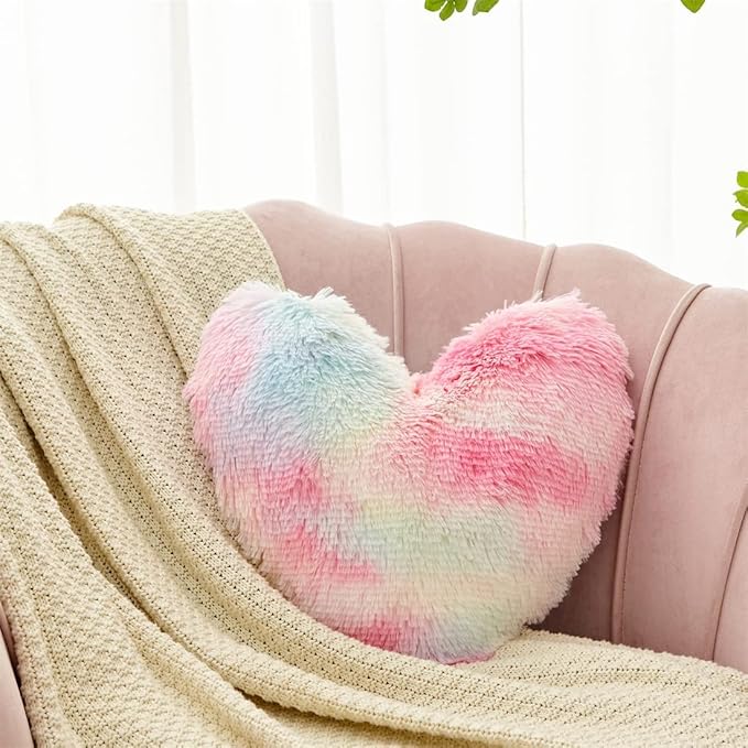 MOOWOO Rainbow Fluffy Heart Pillow,Valentines Day Decor Faux Fur Throw Pillow,Sherpa Plush Shaggy, Girl Room Decor,Heart Shape for Mothers Day,Christmas Decorations(Colorful)
