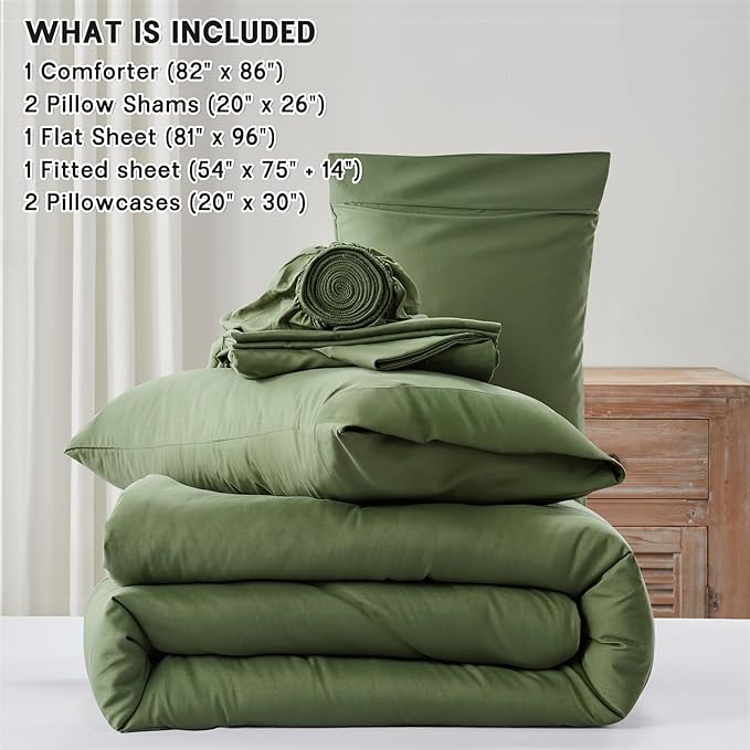 Anluoer Full Comforter Set 7 Pieces, Olive Green Bed in a Bag with Sheets, All Season Bedding Sets with 1 Comforter, 2 Pillow Sham, 2 Pillowcase, 1 Flat Sheet, 1 Fitted Sheet