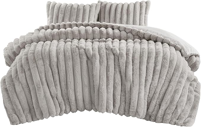 Madison Park Jasmine Queen Comforter Set, Luxurious Reversible Faux Fur Plush Ribbed Velvet Bedding, Fuzzy Thick Warm Winter Comforter, Super Soft Fluffy 3-Piece Set Light Grey