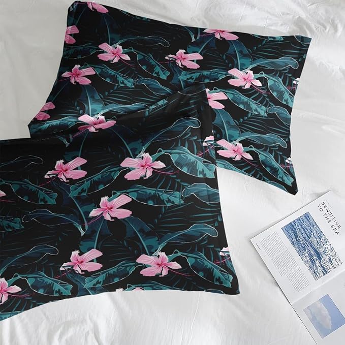 Comforter Set Queen Size, Summer Palm Leaf Banana 7 Pcs Bedding for Kids and Adults, Hibiscus Flower Bed Sheet Sets with Fitted Sheet 2 Pillowcases & 2 Shams for Bedroom Bed Decor