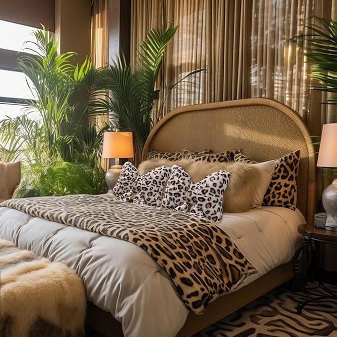 Leopard Print Throw Pillow Furry Bow Plush Pillows Cute Flower Plush Pillow Cheetah Home Decor Stuffed Bow Lumbar Pillow for Bed Couch Living Room Decor (White-B, 16in)