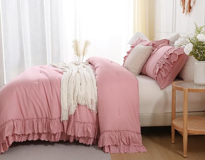 Herside Bean Pink Ruffled Comforter Set Queen Size,3-Piece Soft Microfiber Shabby Chic Bedding Set with Double Layer Ruffle Edge, Boho Farmhouse French Style Comforter with Pillowcases | Ruffle