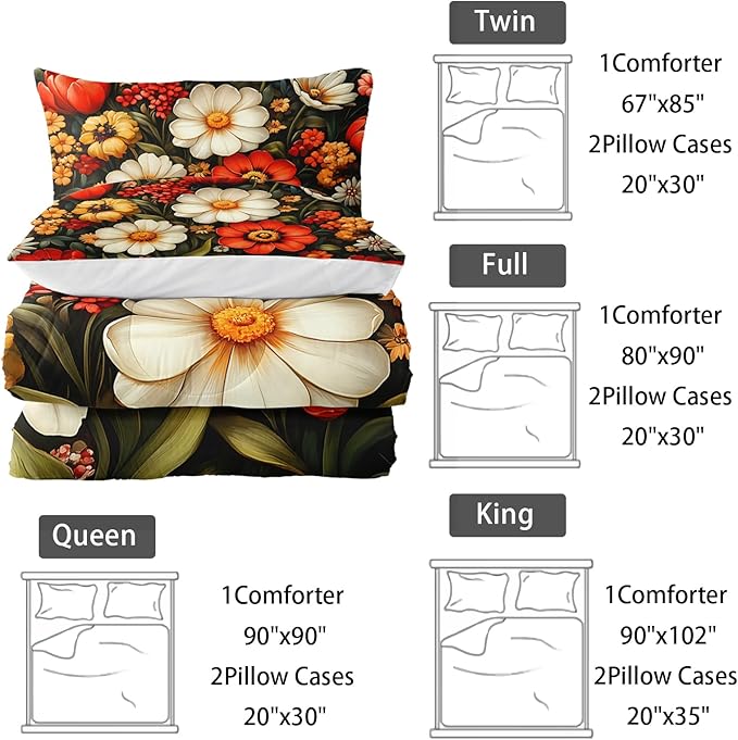 Cute Flower 3 Piece Bedding Set Queen Size,Colorful Floral Ultra Soft Microfiber Comforter Bed Set with 3-Pieces,Cute Colorful Botanical Flowers Patterned Bedroom Decor Comforter and 2 Pillow Shams