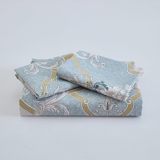 100% Natural Cotton Comforter Set Queen 3 Pcs Grayish Blue Bedding Sets with Luxurious Damask Pattern, Reversible Breathable Soft Comforter Sets for All Season