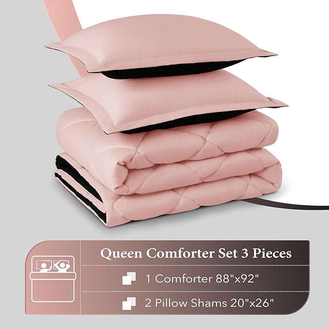 downluxe Queen Comforter Set - Pink and Black Queen Comforter, Soft Bedding Sets for All Seasons -3 Pieces - 1 Comforter (88"x92") and 2 Pillow Shams(20"x26")