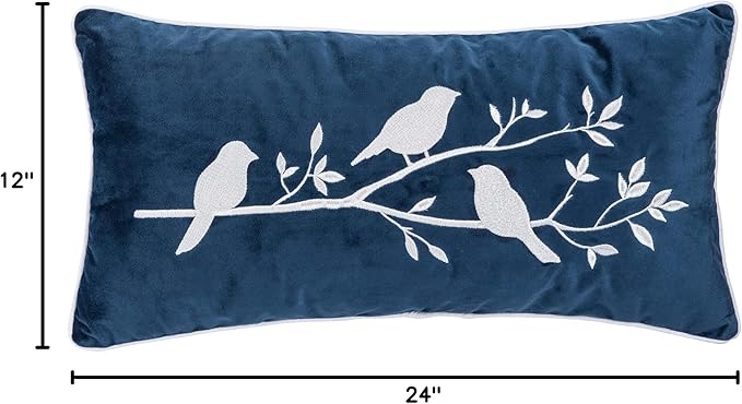 C&F Home White Birds On Branch Navy Blue Velvet Embroidered Accent Pillow 12" x 24" All Seasons Summer Spring Home Living Room Sofa Couch Chair Bed Bedroom Decor Decoration 12" x 24" Blue