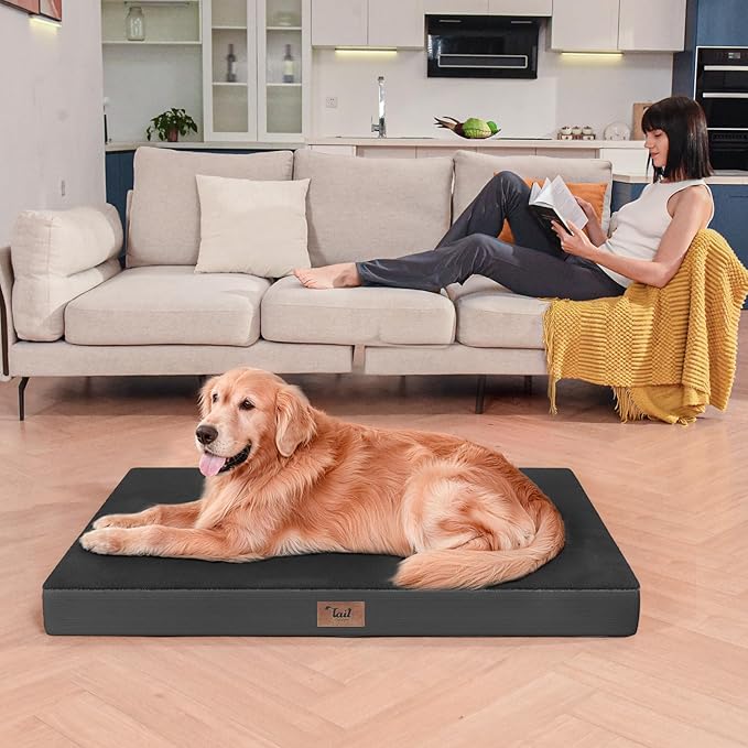 Flat Extra Large Dog Bed, Jumbo Waterproof Dog Bed for Large Dogs, Orthopedic Egg Crate Foam Pet Mat with Removable Washable Cover, Black