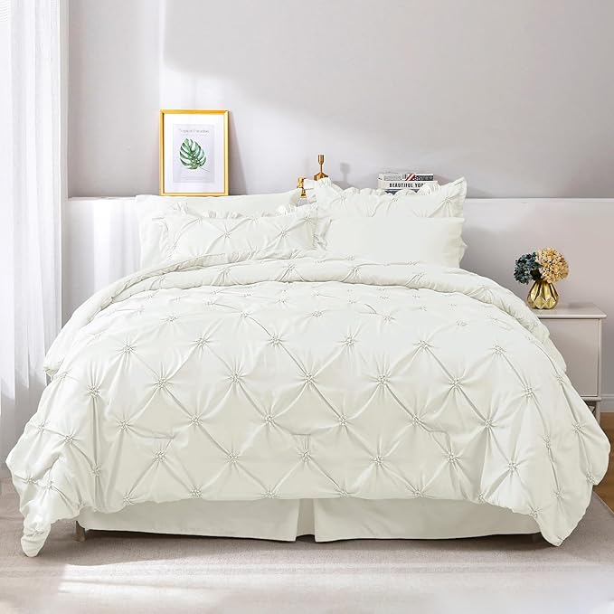 JOLLYVOGUE Ivory Queen Size Comforter Sets 7 Pieces, Pintuck Bed in a Bag Comforter Set for Bedroom, Bedding Comforter Sets with Comforter, Sheets, Ruffled Shams & Pillowcases