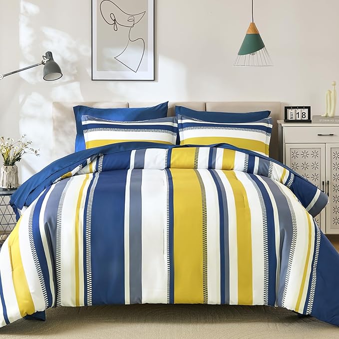 WONGS BEDDING Blue Comforter King Size Set, 7 Pieces Bed in a Bag Blue and Yellow Comforter Set, Soft Boho Striped Bedding Sets with Sheets, Pillowcases & Shams