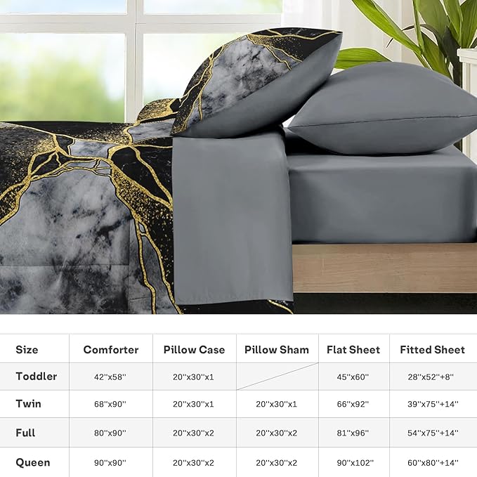 Nesker 7 Pcs Comforter Set Queen Size, Marble Black Gold Bedding Set for Kids and Adults, Grey Abstract Modern Sheets Bed Sheet Sets with Fitted Sheet 2 Pillowcases & 2 Shams