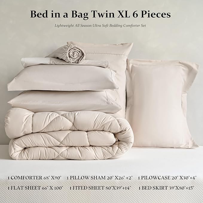 Newspin Twin XL Comforter Set Beige - Bed in a Bag Twin XL Size 6 Pieces, All Season Bed Set, Fluffy Comforter Set with Sheets, Sheet Set Quilt Blanket, Pillowcases & Shams & Bed Skirt