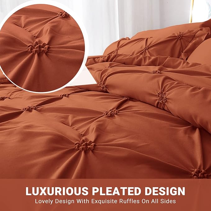 JOLLYVOGUE Burnt Orange Full Size Comforter Sets 7 Pieces, Pintuck Bed in a Bag Comforter Set for Bedroom, Bedding Comforter Sets with Comforter, Sheets,Ruffled Shams & Pillowcases