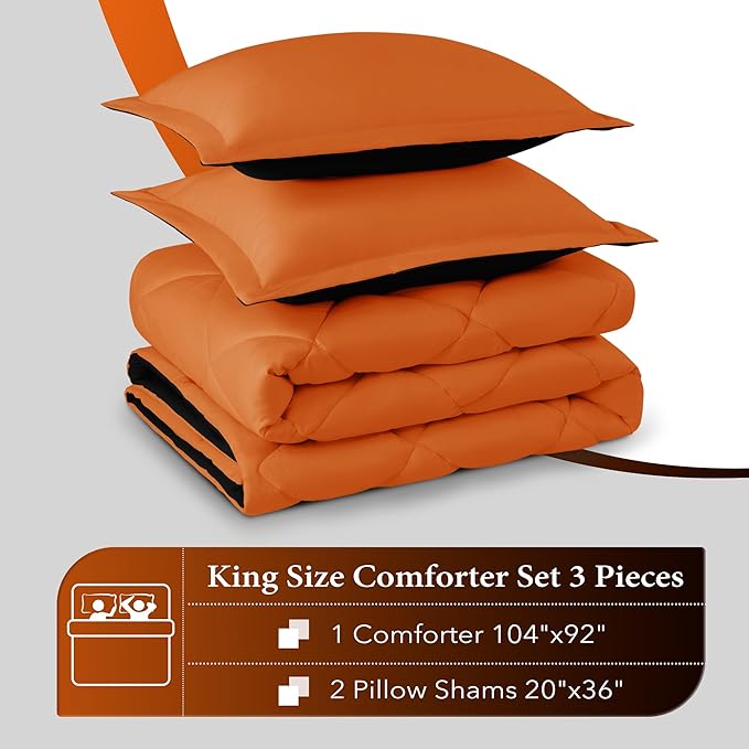 downluxe King Size Comforter Set - Orange and Black King Comforter, Soft Bedding Sets for All Seasons -3 Pieces - 1 Comforter (104"x92") and 2 Pillow Shams(20"x36")