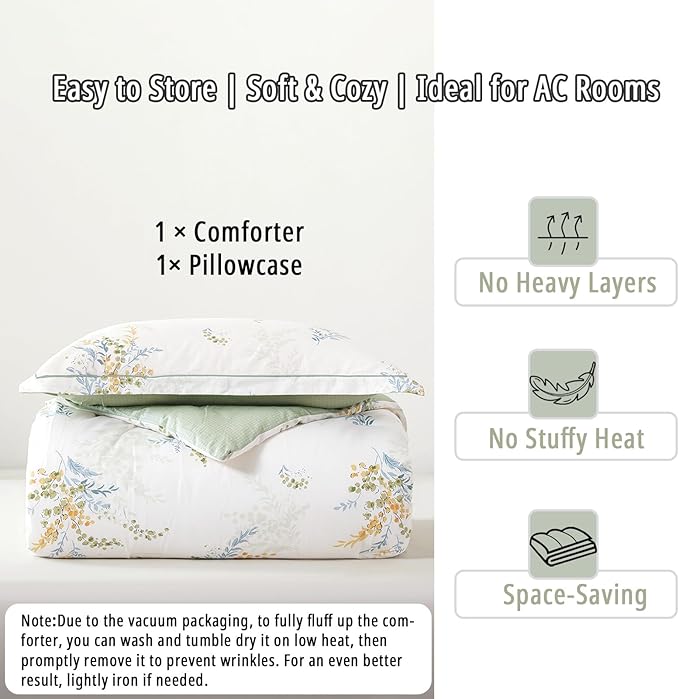 White Cotton Comforter Twin Size 2Pcs - Blue Branches & Orange and Green Buds on White, Chevron Sage Green Back, Reversible Lightweight Bedding Sets with Soft Fill(1 Comfoter, 1 Pillowcase)