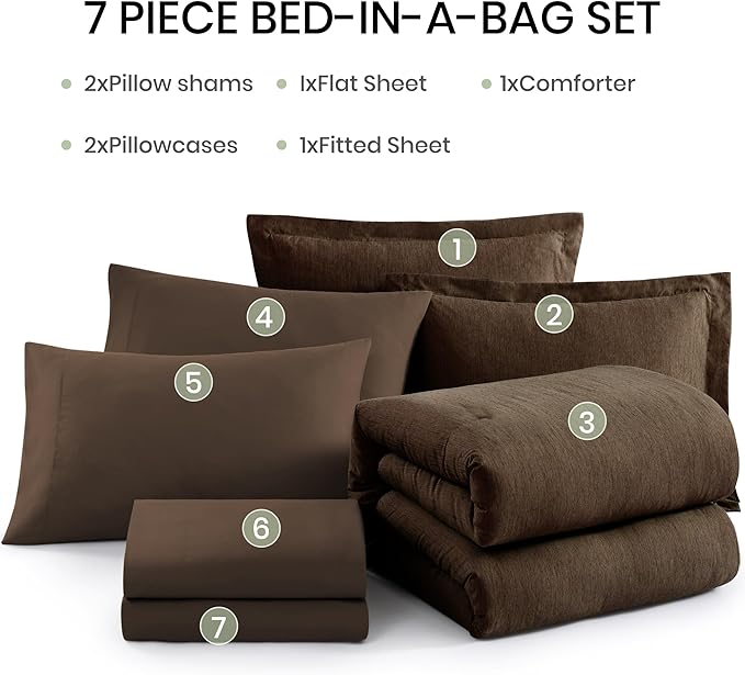 Monbix Queen Comforter Set - 7 Pieces Cationic Dyeing Chocolate Brown Bed in a Bag Queen Bedding Sets with Comforter, Sheets, Pillowcases & Shams, Reversible Bedding Comforters Sets